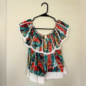 Raga brand off the shoulder multi colored top with small beads and lace. Size M